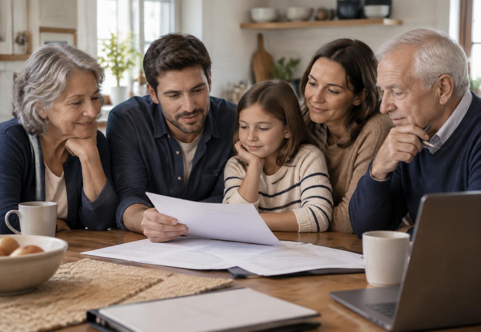 A family reviewing insurance paperwork together at a kitchen table